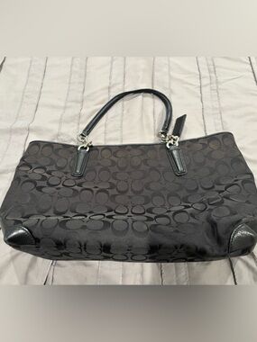Coach Black Signature Jacquard Tote with Leather Trim